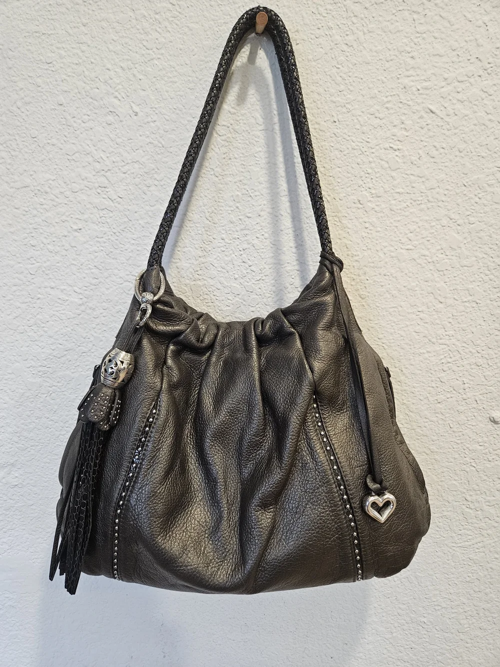 Brighton Greta Garbo Femme Fatale Pewter Studded Leather Slouchy Hobo Bag E84883